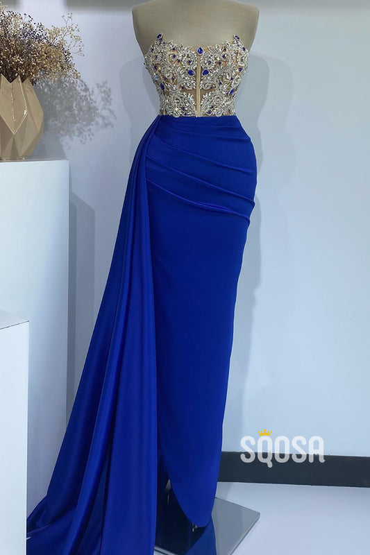 Attractive Sheath/Column Strapless Beaded Blue Prom Evening Gowns QP3007