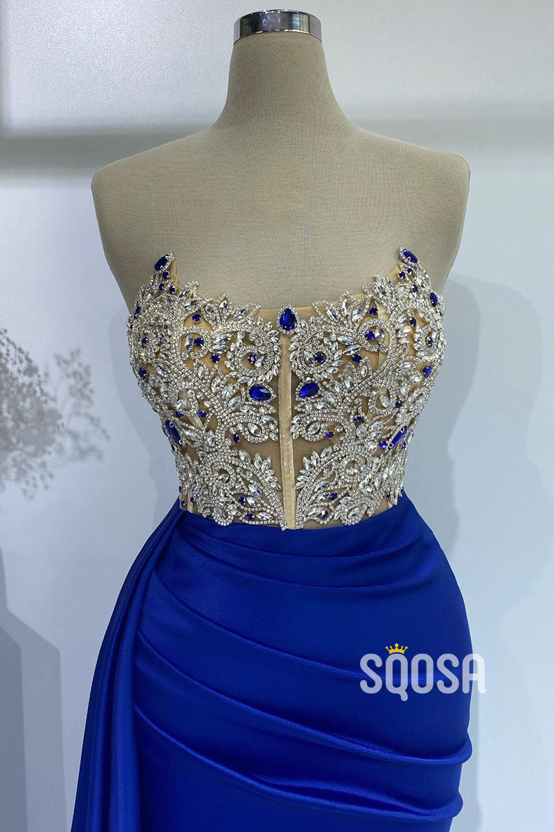 Attractive Sheath/Column Strapless Beaded Blue Prom Evening Gowns QP3007