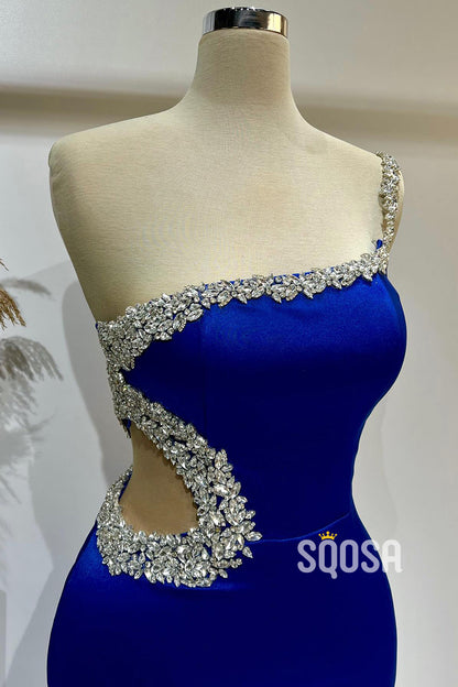 One Shoulder Beaded With Side Slit Train Party Prom Evening Dress QP3346