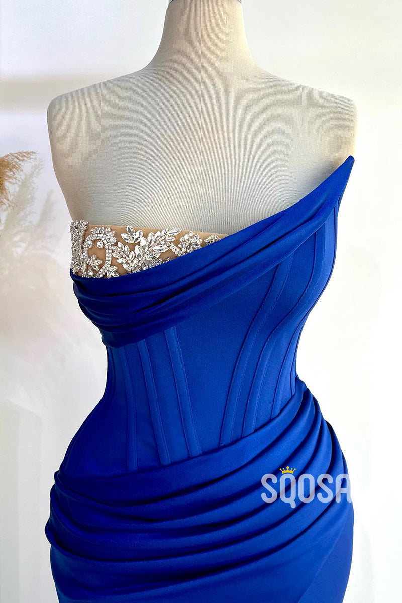 Strapless Beaded Trumpet Ruched With Side Slit Party Prom Evening Dress QP3348