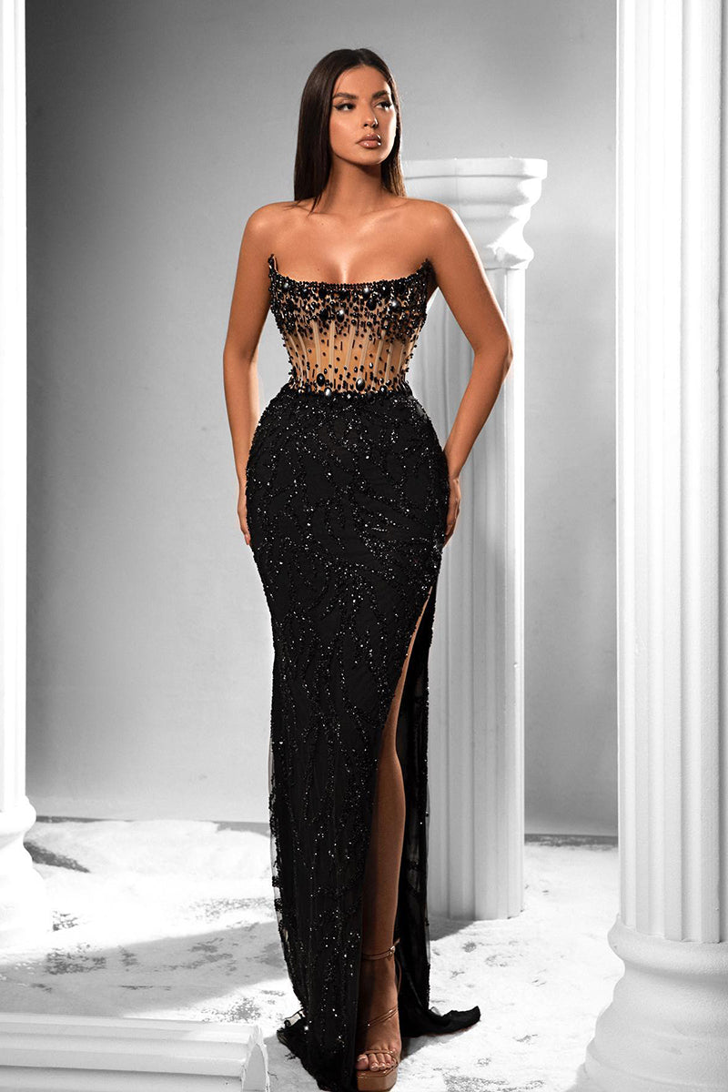 Sheath Strapless Beads Long Black Prom Forma Dress QP2288