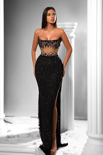 Sheath Strapless Beads Long Black Prom Forma Dress QP2288