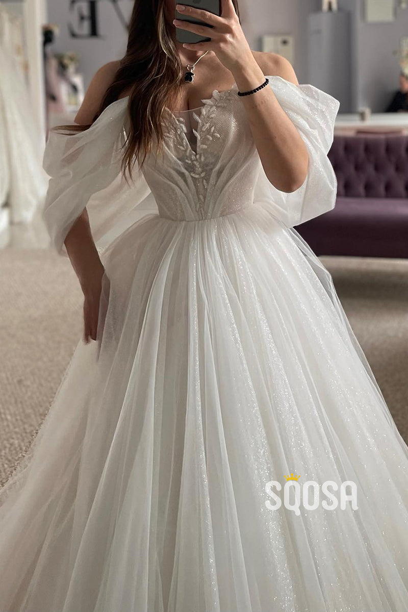 A-Line Off-Shoulder Appliques Glitter Sheer Tulle Wedding Dress  QW8174