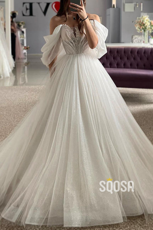 A-Line Off-Shoulder Appliques Glitter Sheer Tulle Wedding Dress  QW8174