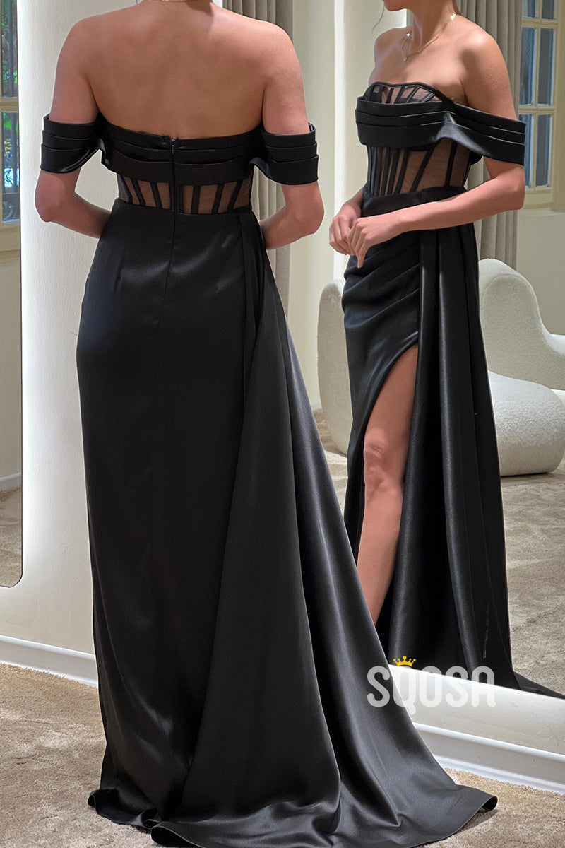 Sexy & Hot Satin Off-Shoulder Illusion Pleats Long Prom Dress With Slit QP1368