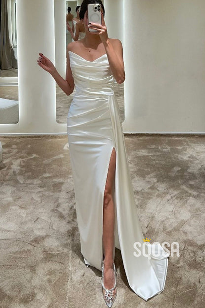 Chic & Modern Strapless Simple Pleats Slit Long Formal Evening Dresses QP1187