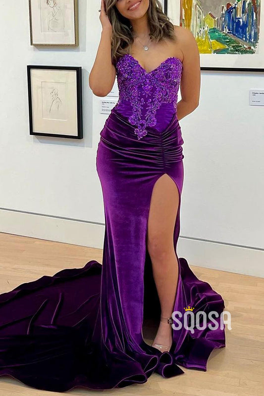 Sweetheart Strapless Lace Applique With Side Slit Party Prom Evening Dress For Black Women QP3517