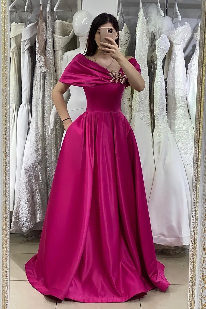 A Line Off the Shoulder Appliques Long Prom Formal Dress with Pockets QP2278