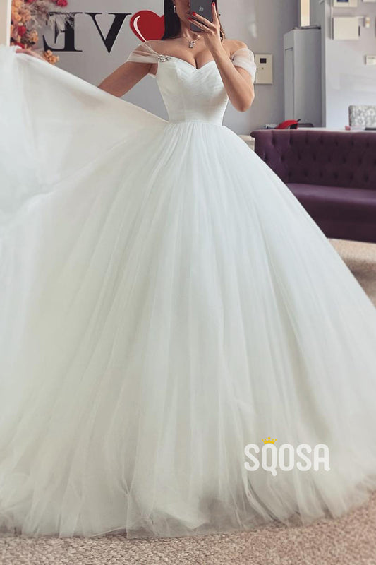 Sweetheart Off-Shoulder Tulle A-Line With Train Wedding Dress QW8173