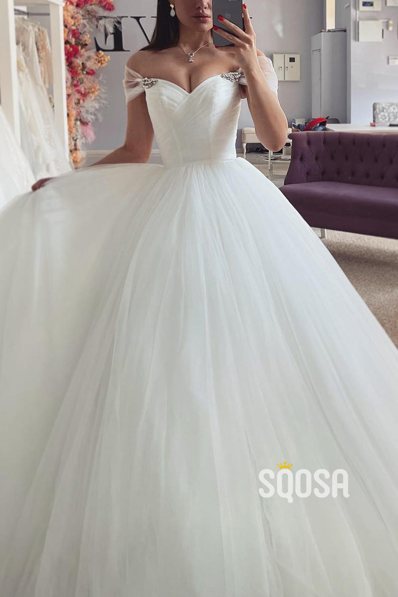Sweetheart Off-Shoulder Tulle A-Line With Train Wedding Dress QW8173