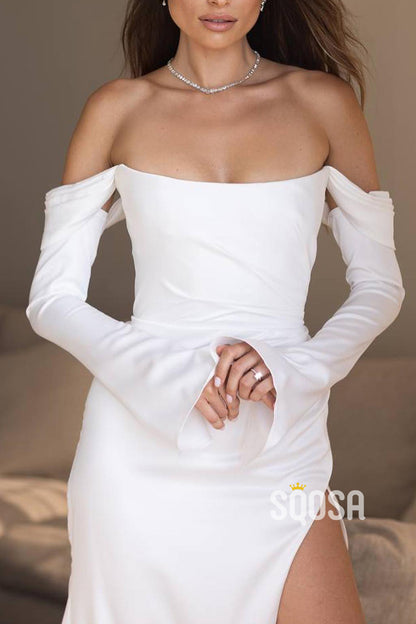 Off-Shoulder Long Sleeve Pleats With Side Slit Wedding Dress QW8128