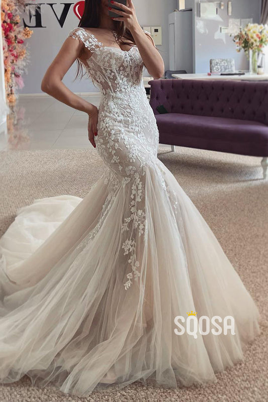Trumpet Sweetheart Sleeveless  Lace Applique With Tulle Train Wedding Dress QW8154