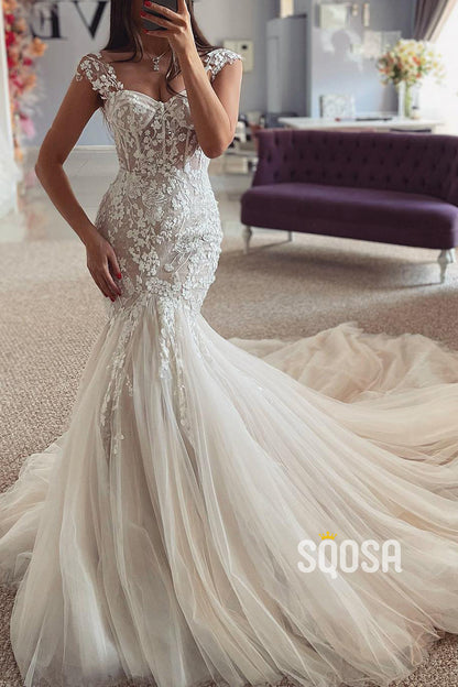 Trumpet Sweetheart Sleeveless  Lace Applique With Tulle Train Wedding Dress QW8154