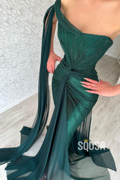 One Shoulder Green Tulle Glitter Trumpet/Mermaid Long Prom Dress QP0885