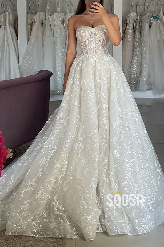 Sweetheart Strapless A-Line Appliques Glitter Wedding Dress  QW8171