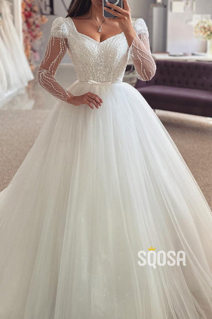 Bateau Long Sleeve Sequined Appliques Empire Tulle Wedding Dress QW8170