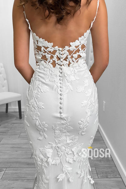 Sexy Satin V-Neck Spaghetti Straps Illusion Lace Applique With Lace Train Wedding Dress QW8162