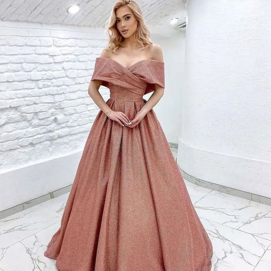 Sparkle A-Line Off-Shoulder Pleated Formal Prom Dress Evening Gown QP3125