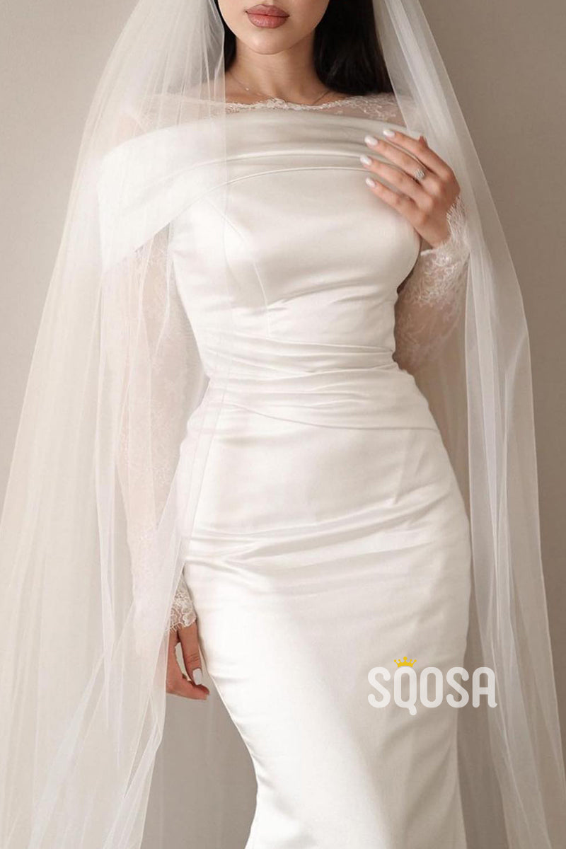 Trumpet Round Long Lace Sleeves Ruched Beach Wedding Dress QW8127