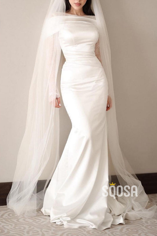 Trumpet Round Long Lace Sleeves Ruched Beach Wedding Dress QW8127