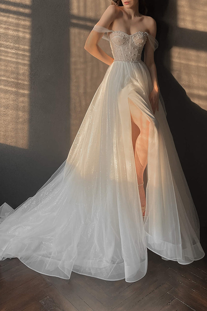 A Line Sweetheart Pearls Princess Wedding Dress QW2636