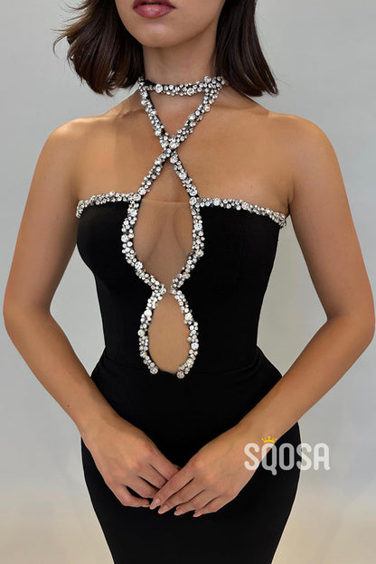 Plunging Unique Halter Beaded Black Long Prom Dress Evening Gowns QP2902