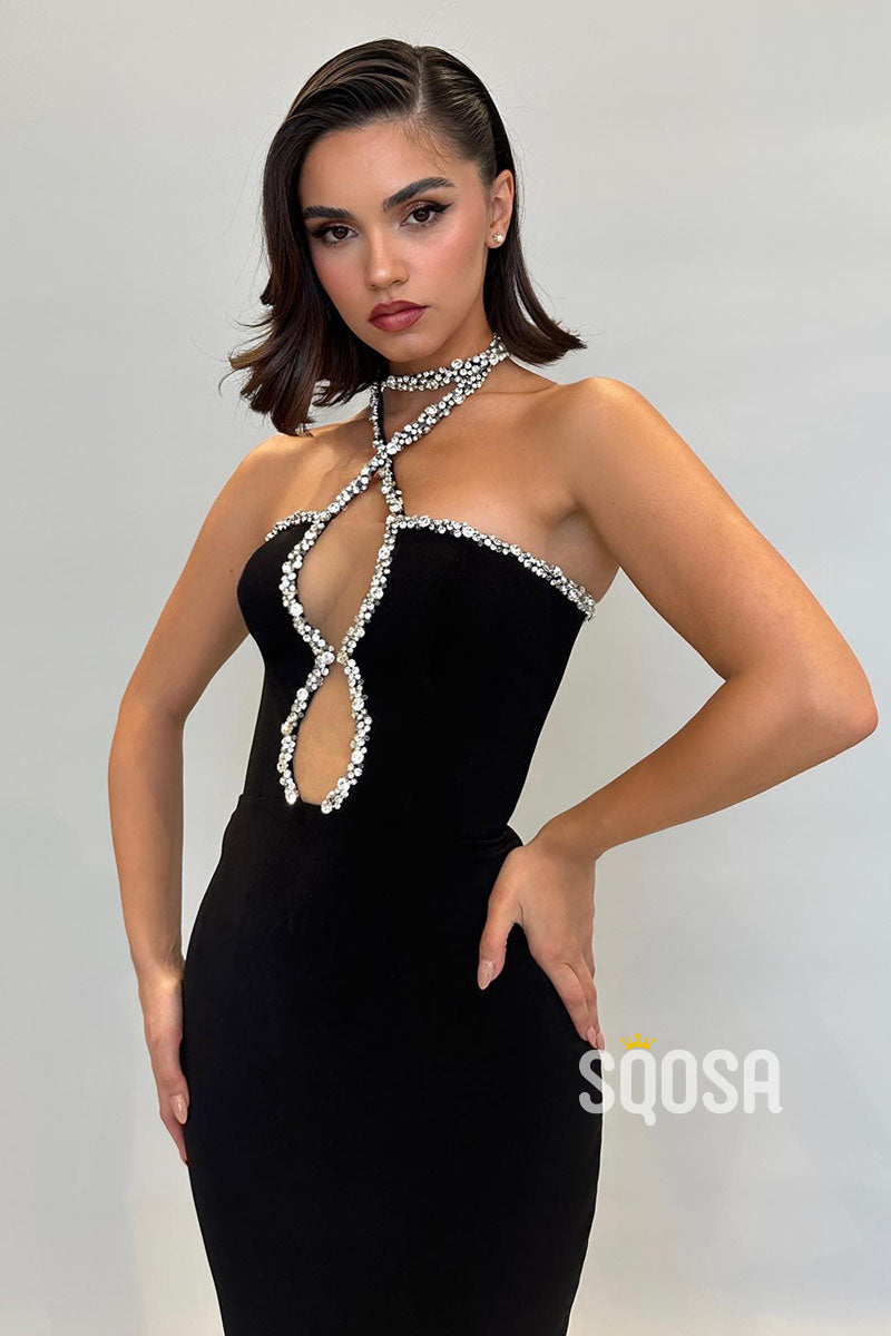Plunging Unique Halter Beaded Black Long Prom Dress Evening Gowns QP2902