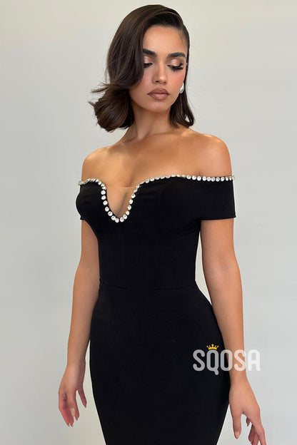 Chic & Modern Off-Shoulder Beaded Black Long Prom Party Dress QP2892