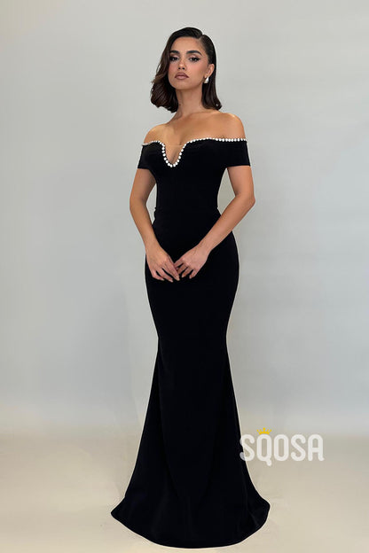 Chic & Modern Off-Shoulder Beaded Black Long Prom Party Dress QP2892