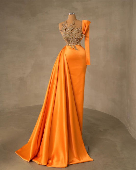 Chic & Modern One-Shoulder Sequins Beaded Satin Orange Evening Prom Dress QP3122