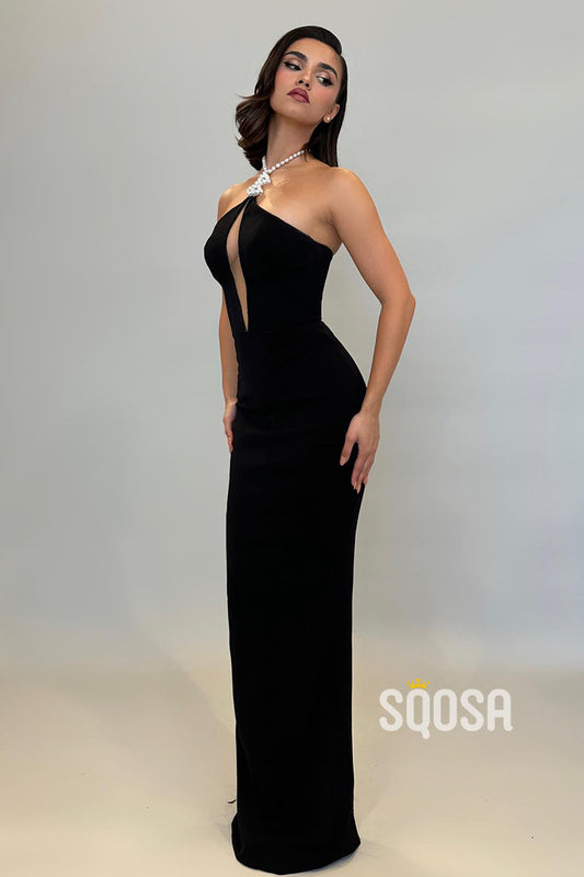 Unique Beaded Halter Black Satin Long Prom Dress Evening Gowns QP2813