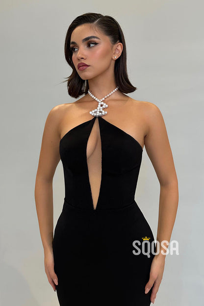 Unique Beaded Halter Black Satin Long Prom Dress Evening Gowns QP2813