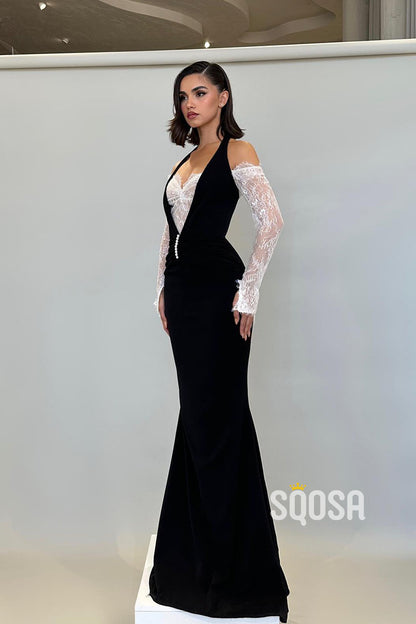Chic & Modern Off-Shoulder Halter Lace Sheer Satin Long Prom Dress QP2816