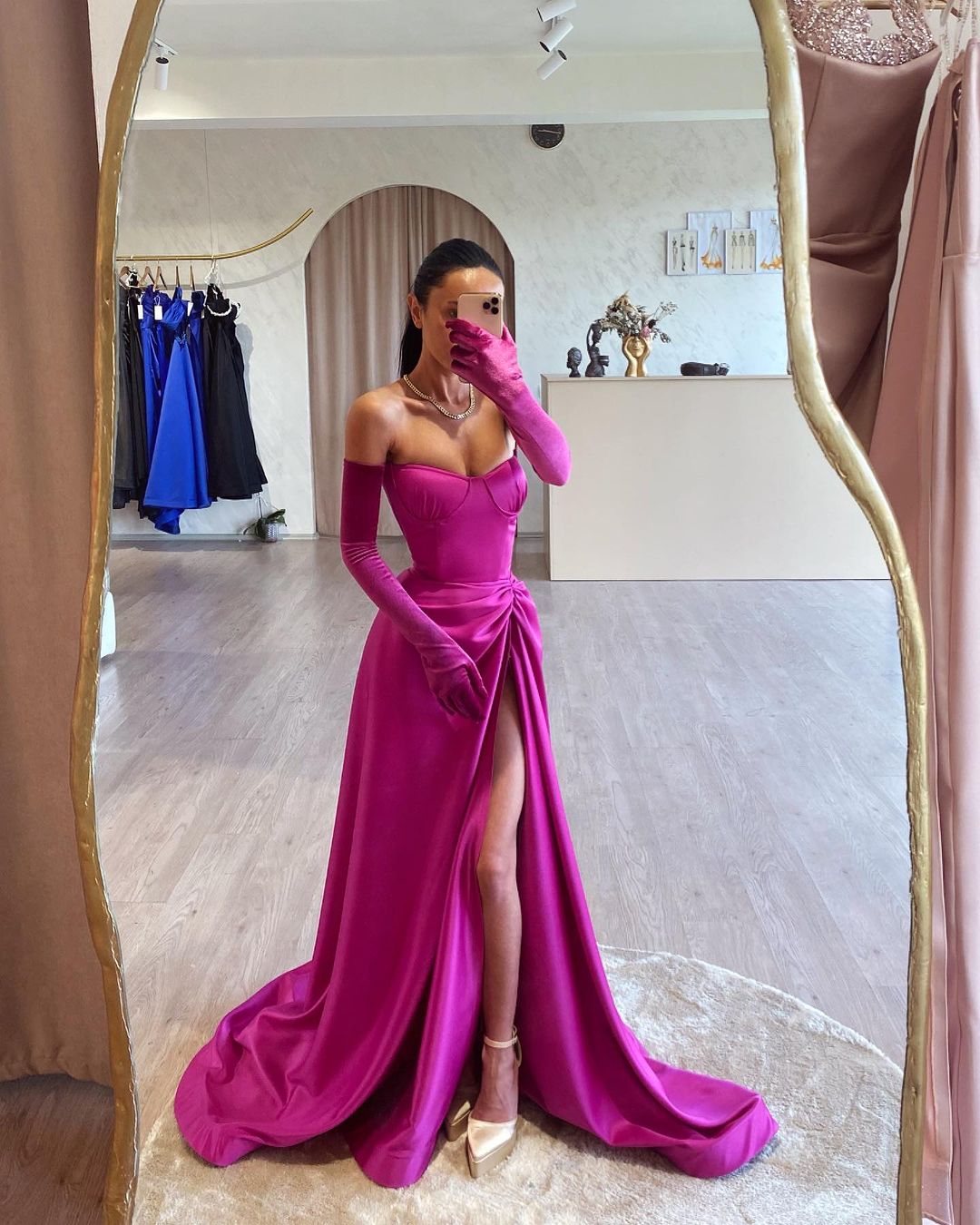 A-Line Strapless Satin Long Sleeves Hot Pink Evening Prom Dresses QP3121