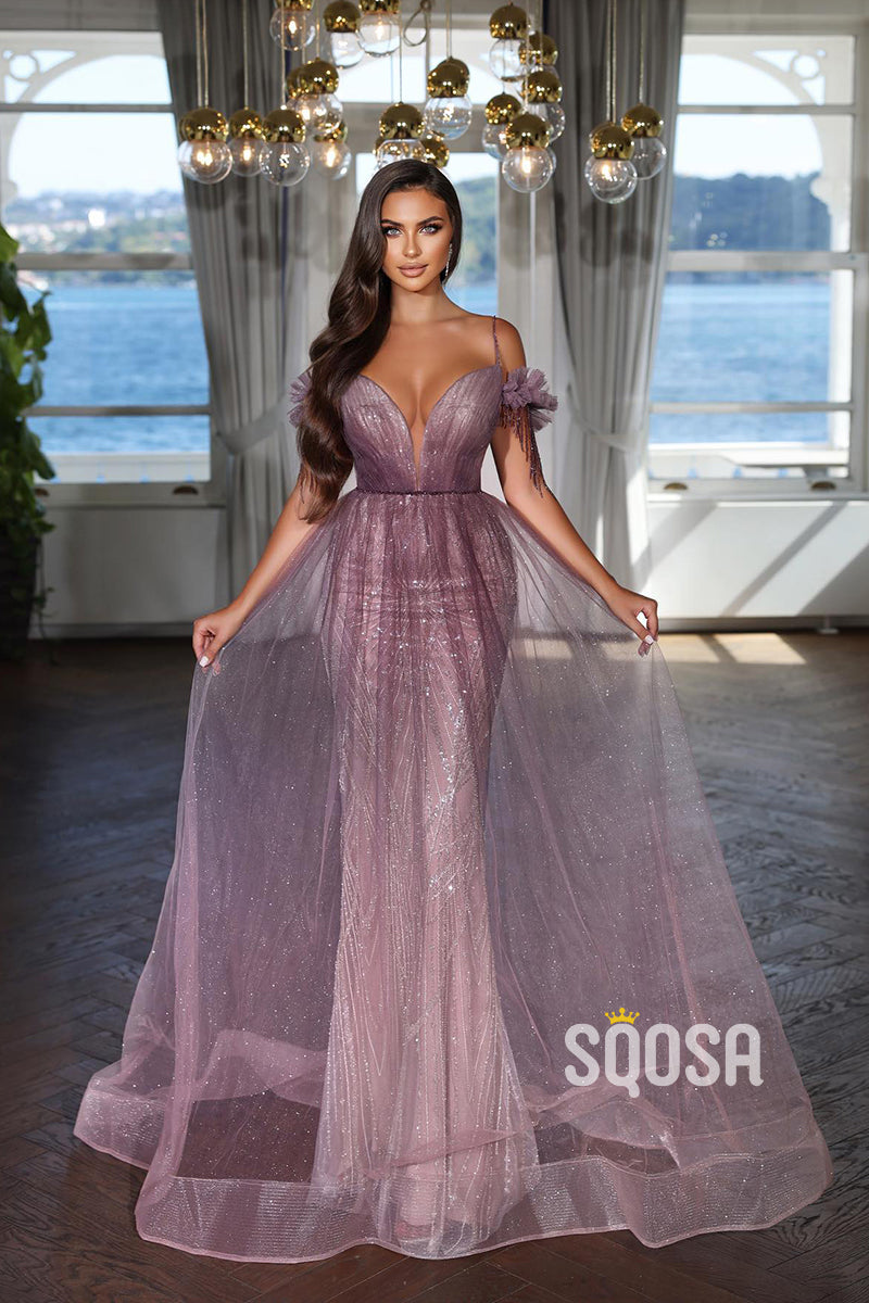Chic & Modern Off-Shoulder V-Neck Glitter Tulle Long Evening Prom Dresses QP3120