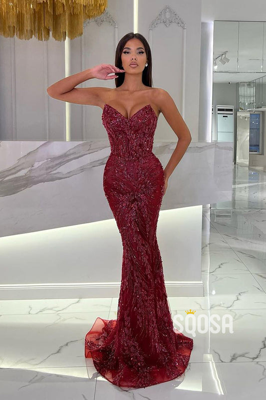Plunging Mermaid Strapless Beaded Sequins Burgundy Formal Dress Evening Gown QP2786