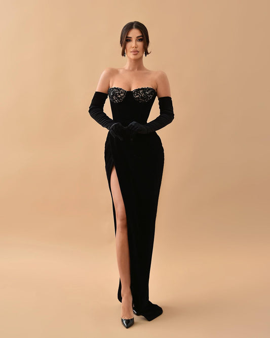 Chic Strapless Beaded Sleeves Black Long Prom Evening Dress QP3130