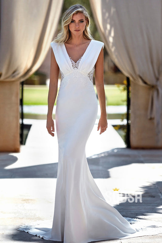 Mermaid V-Neck Lace Satin Casual Wedding Dress Boho Bridal Gowns QW8052