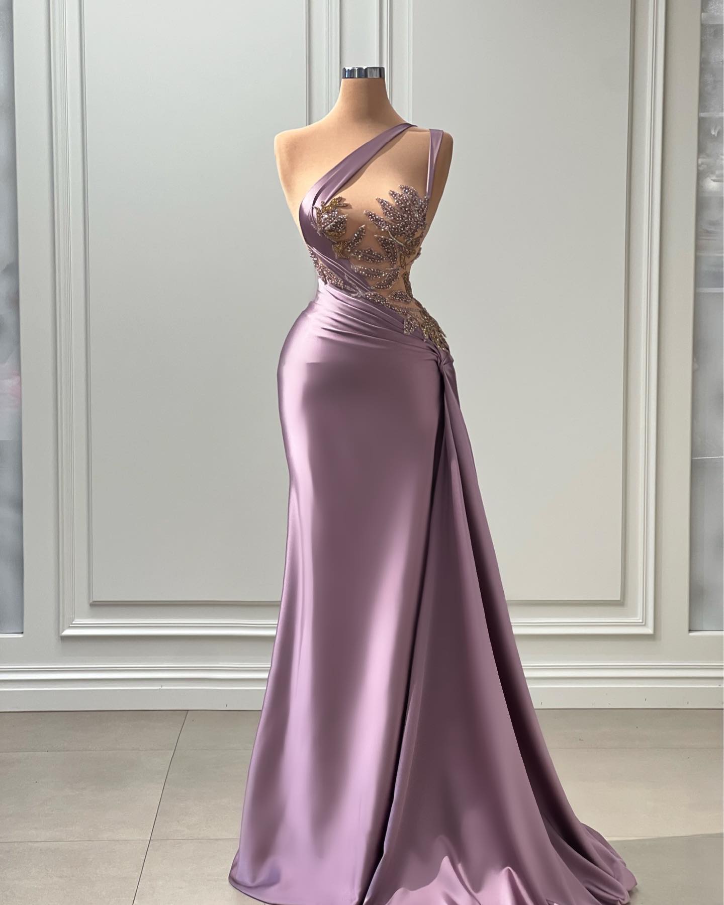 One shoulder Illusion Beaded Sweep Train Purple Long Prom Evening Dress QP3135