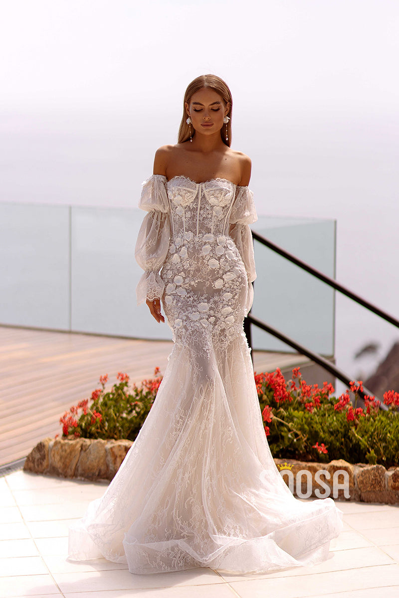 Luxurious Off-Shoulder Lace Applique Floral Boho Dress Bridal Gowns With Train QW8078
