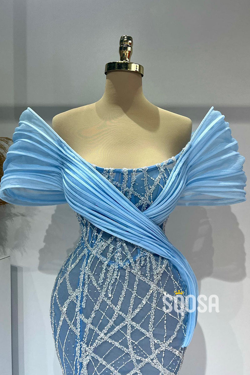Blue Off-Shoulder Bedaed Sheath Long Split Prom Dress Evening Gown QP0883