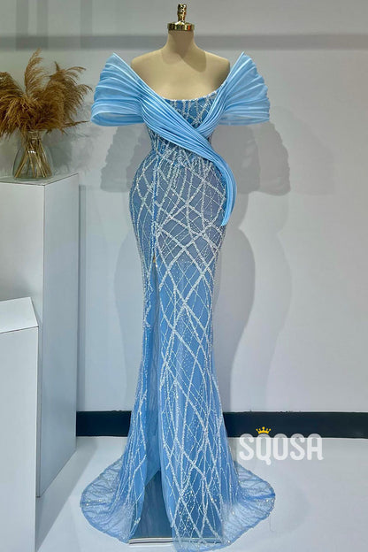 Blue Off-Shoulder Bedaed Sheath Long Split Prom Dress Evening Gown QP0883