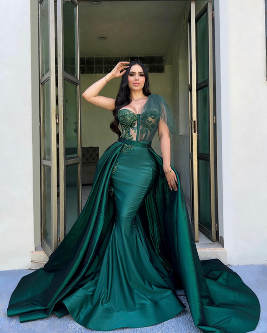 A-Line One Shoulder Beaded Illusion Green Long Prom Evening Dress QP3138
