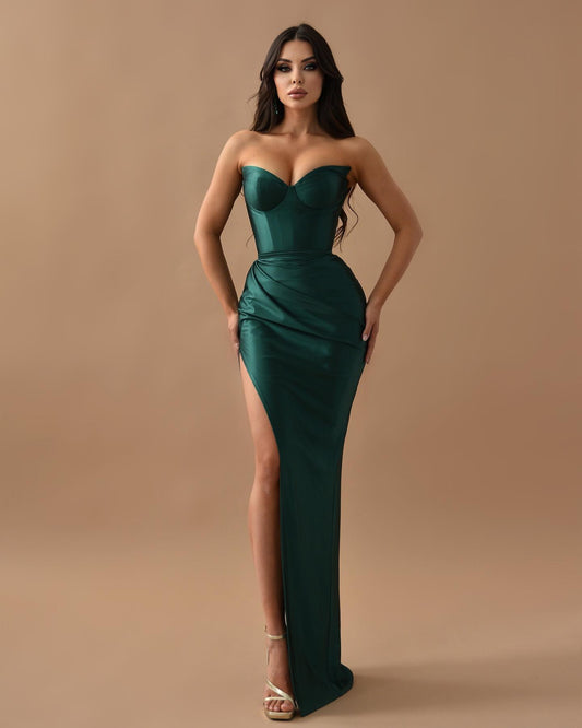 Sheath Strapless Pleats Green Long Prom Evening Dress QP3131