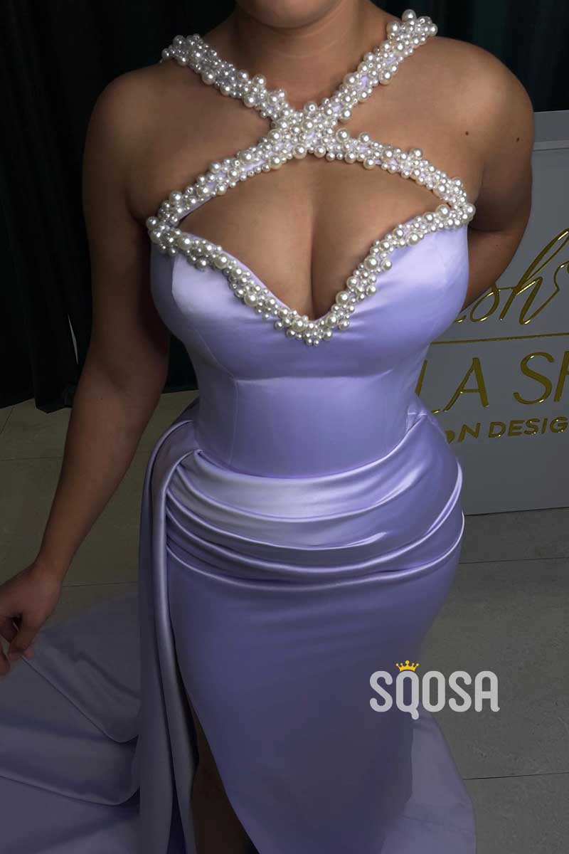 Satin Fitted Beaded Crisscross Ruched With Side Slit Party Prom Evening Dress  QP3405