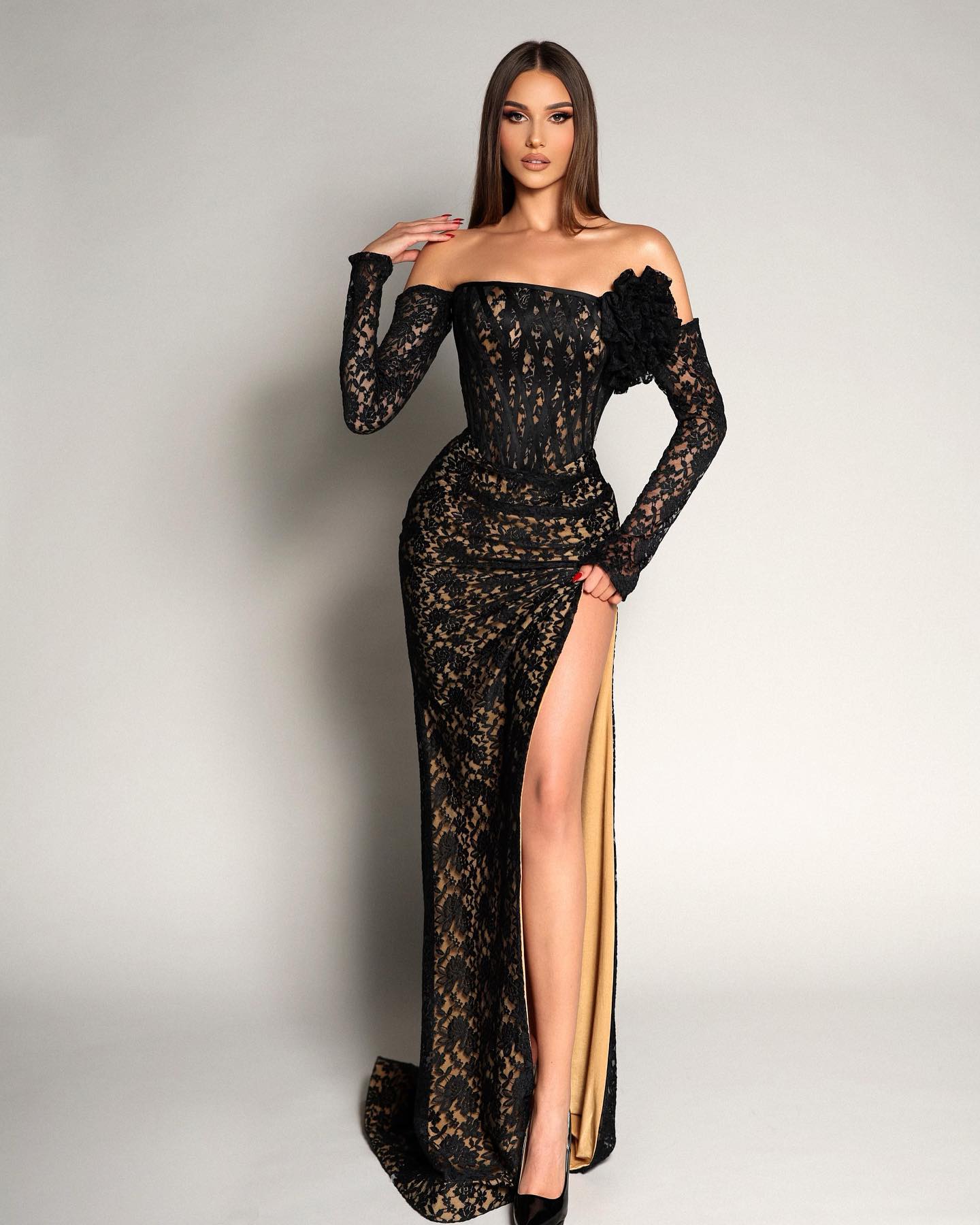 Sheath Off-Shoulder Lace Sheer Floral Long Sleeves Prom Evening Dress With Slit QP3146