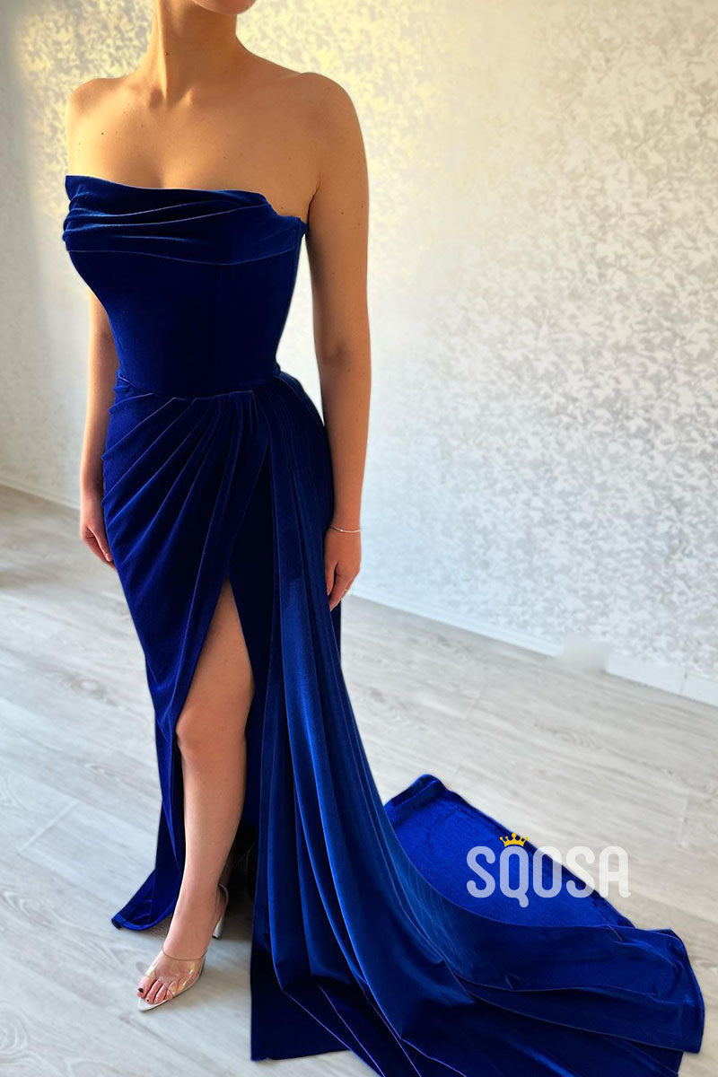 Royal Blue Strapless Velvet Pleats Long Train Split Sexy Prom Dress Party Gown QP0828