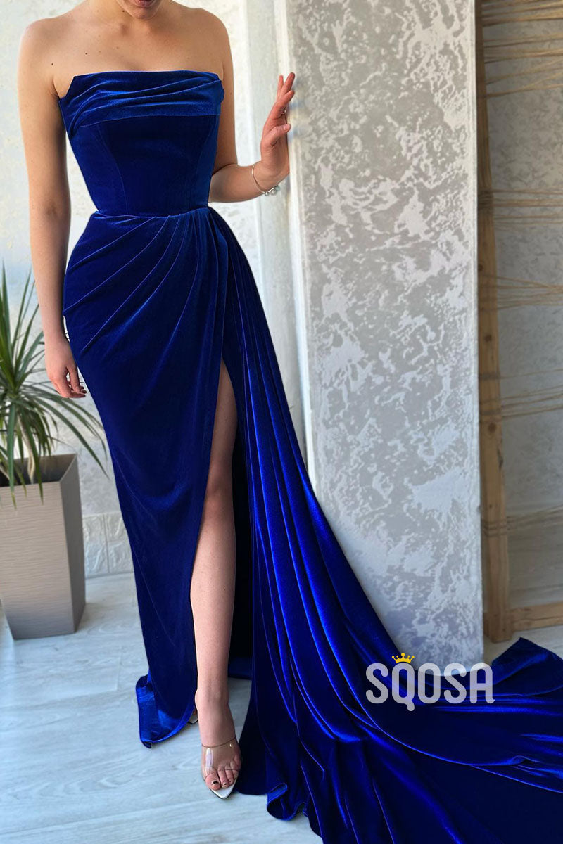 Royal Blue Strapless Velvet Pleats Long Train Split Sexy Prom Dress Party Gown QP0828