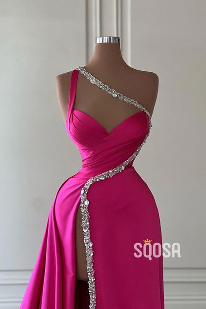 A-Line Beaded One Shoulde Pink Satin Pleats Long Prom Evening Dress With Slit QP3141