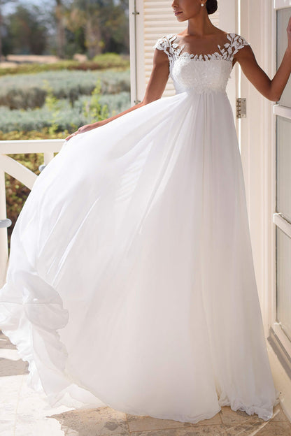 A Line Scoop Cap Sleeves Lace Appliques Beach Wedding Dress QW2623